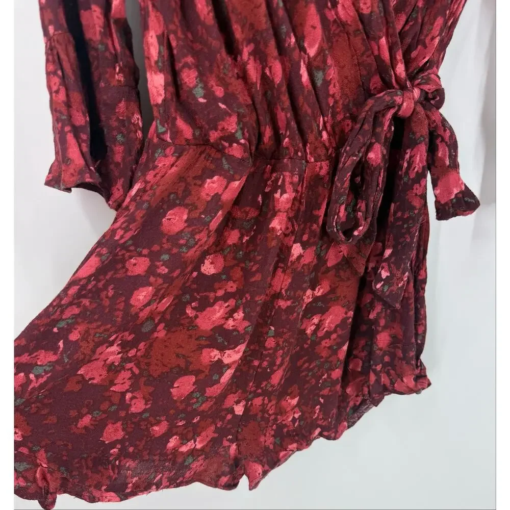 Free People Raven Combo Floral Wrap Romper Size Small Crimson Red Bell Sleeve